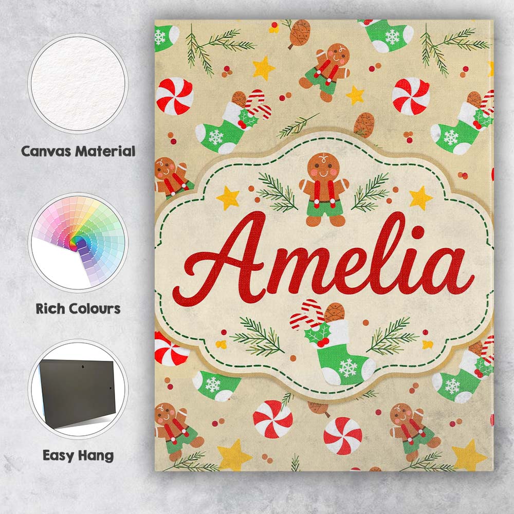 Personalised Name Cute Gingerbread Cookie Custom Unique Gift Idea Elegant Feature Canvas Wall Art Print Decor Picture Ready to Hang