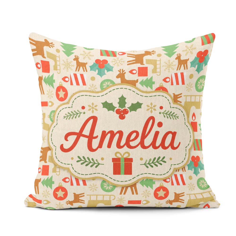 Custom Name Reindeer Christmas Tree Ornament Seamless Pattern Square Filled Cushion Throw Pillow Sofa Bed Home Decor Zip Washable UK Made