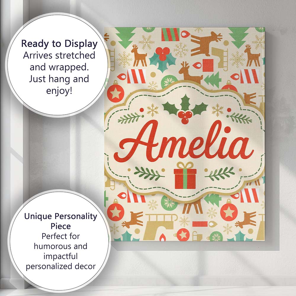 Personalised Name Cute Reindeer Christmas Custom Unique Gift Idea Elegant Feature Canvas Wall Art Print Decor Picture Ready to Hang
