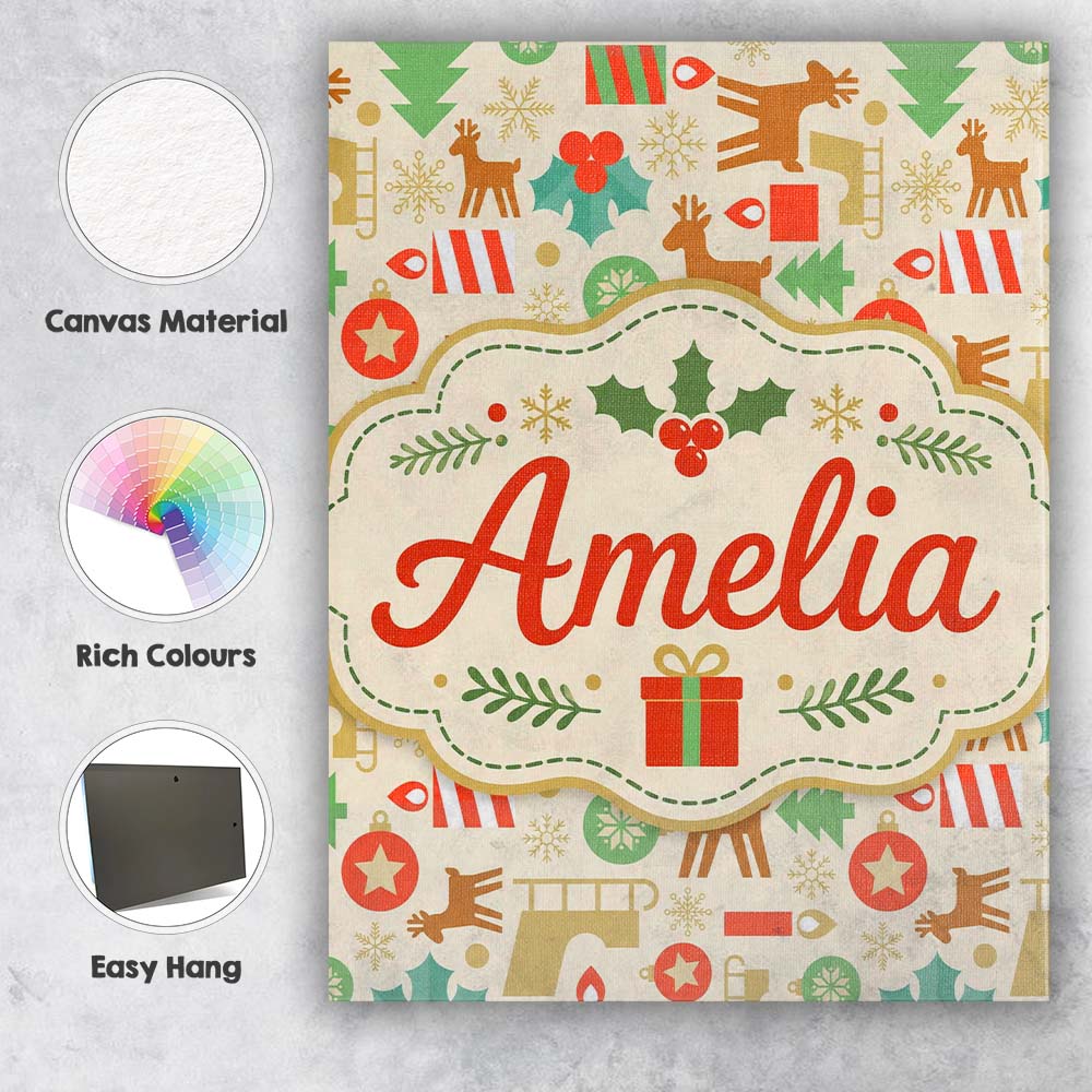 Personalised Name Cute Reindeer Christmas Custom Unique Gift Idea Elegant Feature Canvas Wall Art Print Decor Picture Ready to Hang