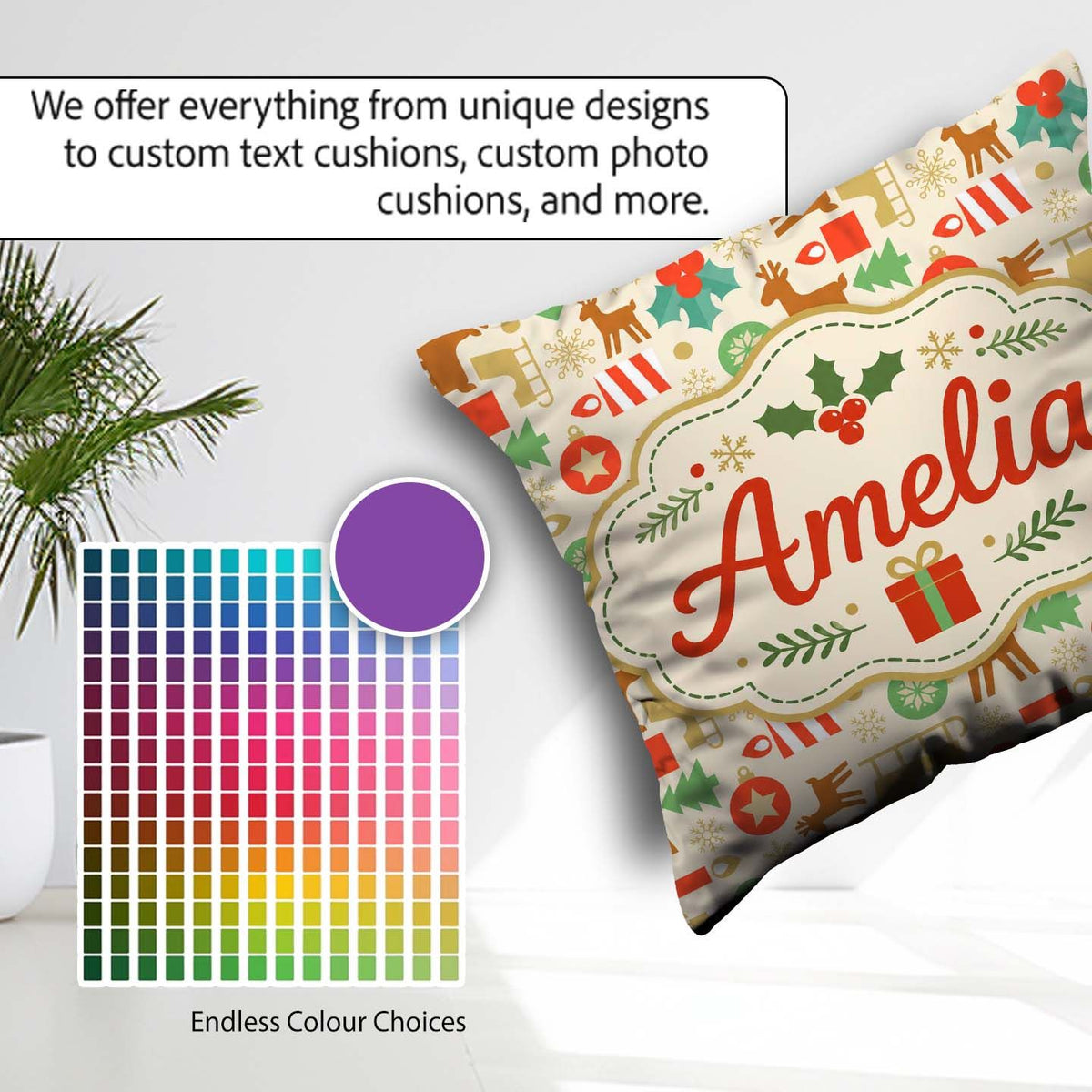 Custom Name Reindeer Christmas Tree Ornament Seamless Pattern Square Filled Cushion Throw Pillow Sofa Bed Home Decor Zip Washable UK Made