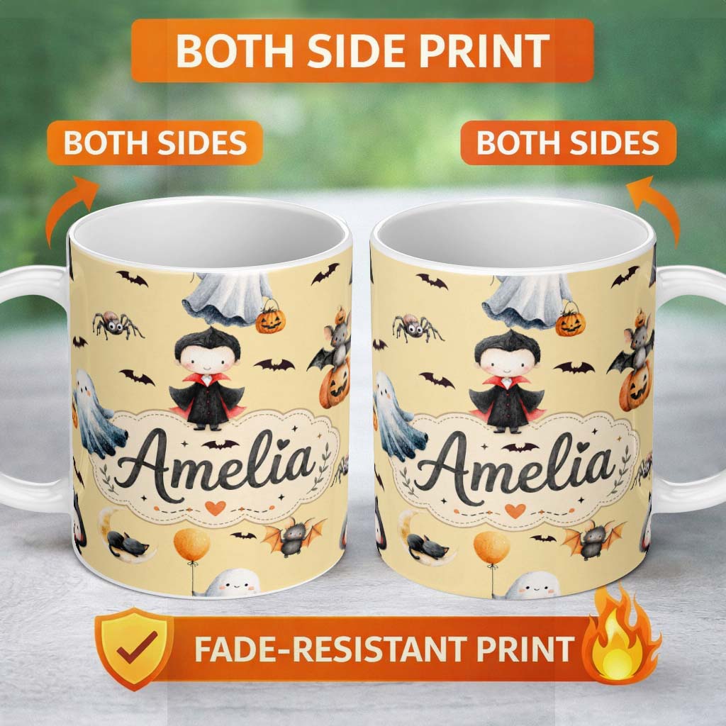 Personalized Custom Name Halloween Vampire Ghost Bats Spooky Characters Warm Yellow Seamless 11oz Ceramic Coffee Tea Mug White Large Handle