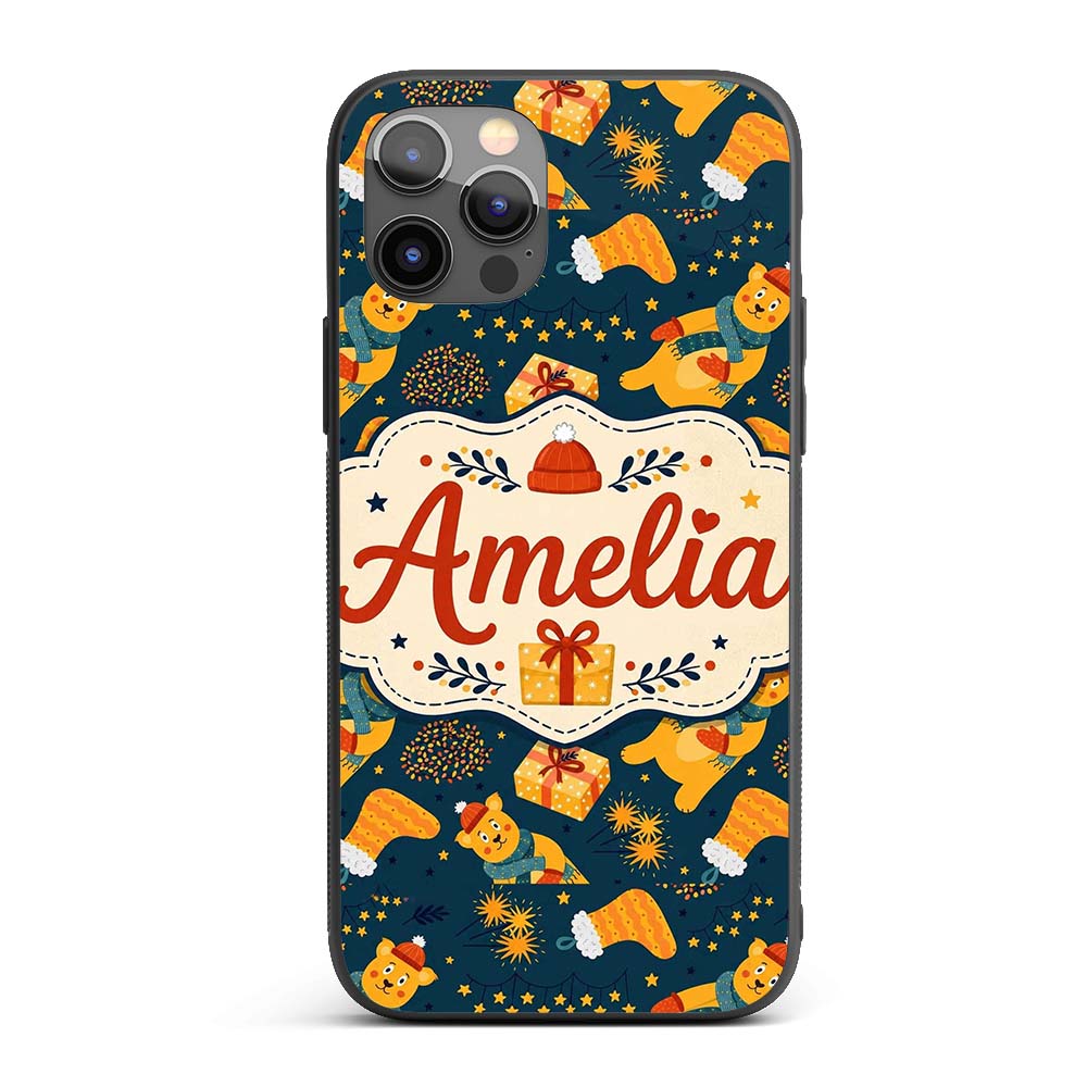 Cute Christmas Bear Scarf Gift Box Printed Design Custom Name Protective Phone Case Mobile Cover Durable Everyday Smartphone Shock Resistant