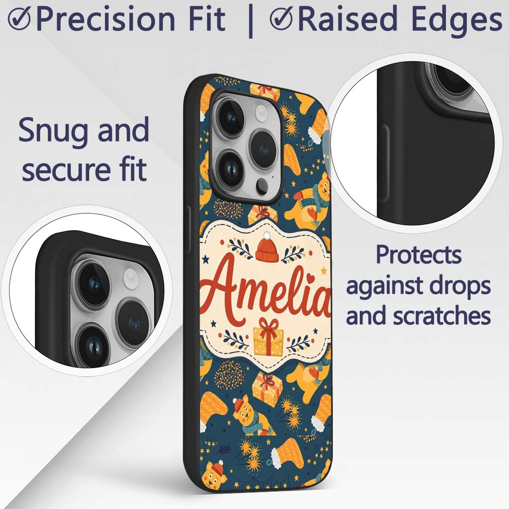 Cute Christmas Bear Scarf Gift Box Printed Design Custom Name Protective Phone Case Mobile Cover Durable Everyday Smartphone Shock Resistant