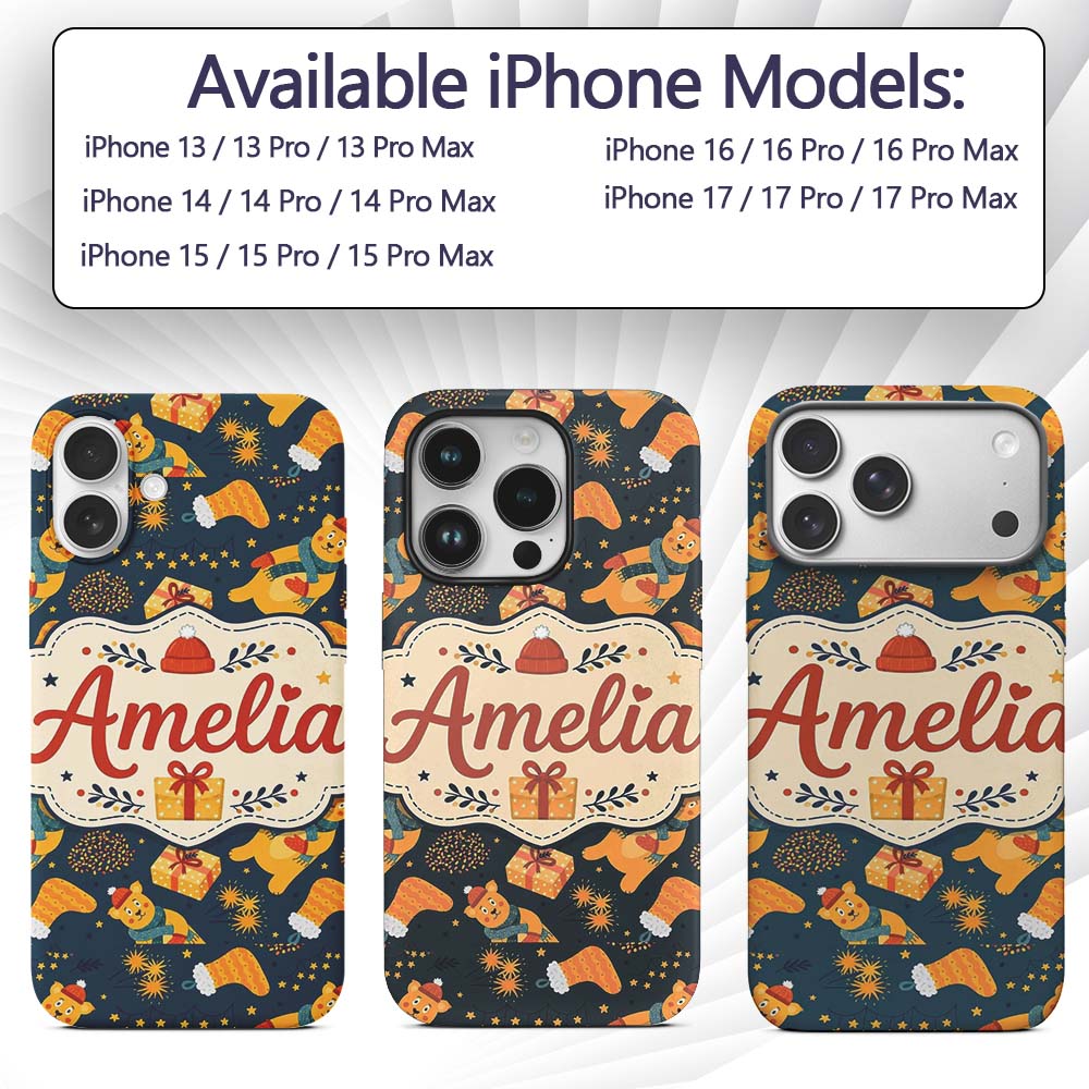 Cute Christmas Bear Scarf Gift Box Printed Design Custom Name Protective Phone Case Mobile Cover Durable Everyday Smartphone Shock Resistant