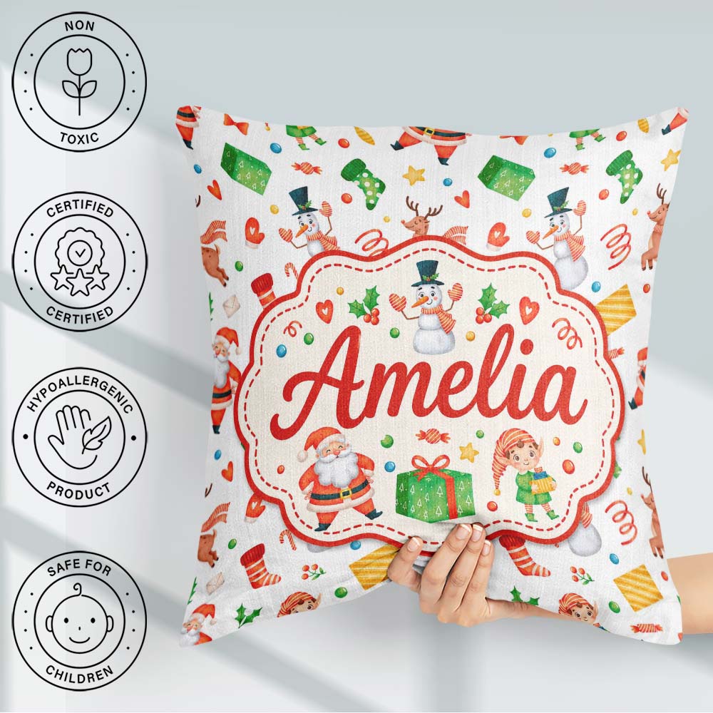 Custom Name Watercolor Santa Reindeer Snowman Elf Pattern Lovely Square Filled Cushion Throw Pillow Sofa Bed Home Decor Zip Washable UK Made