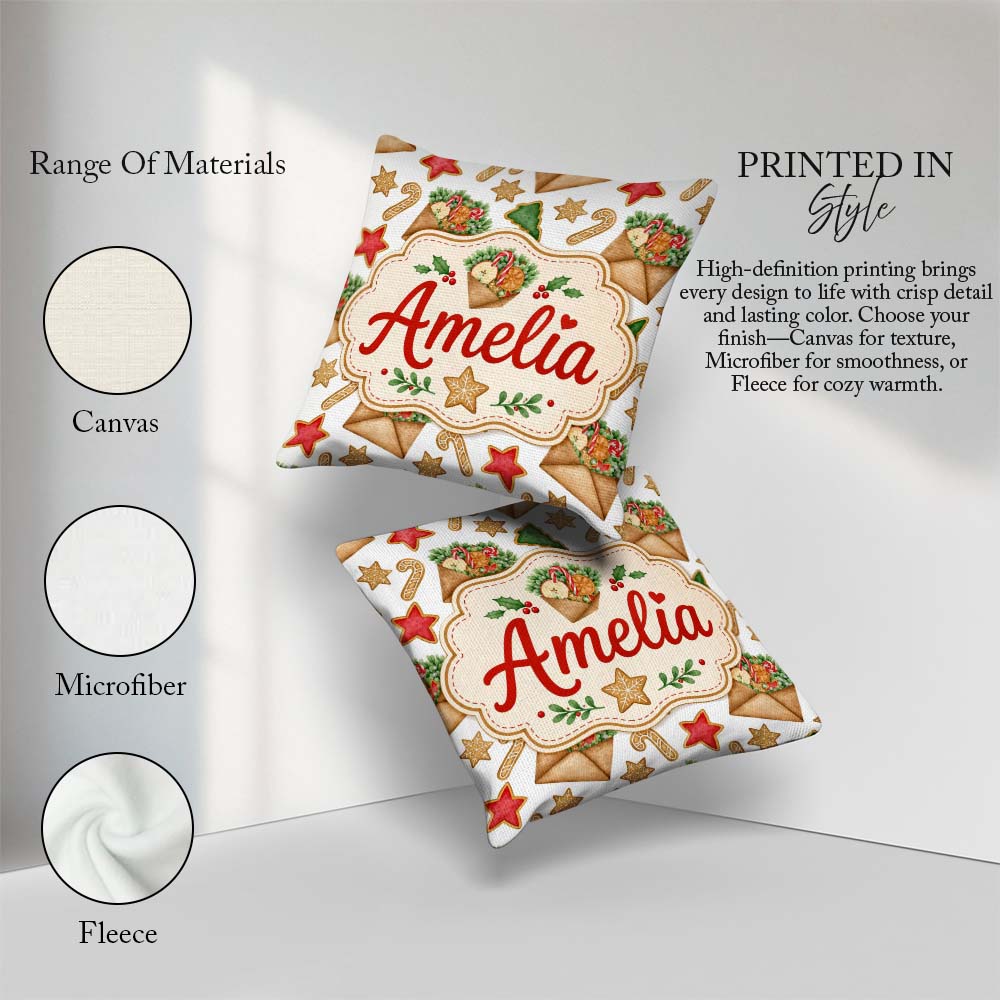 Custom Name Watercolor Christmas Cookies Candy Envelope Seamless Square Filled Cushion Throw Pillow Sofa Bed Home Decor Zip Washable UK Made