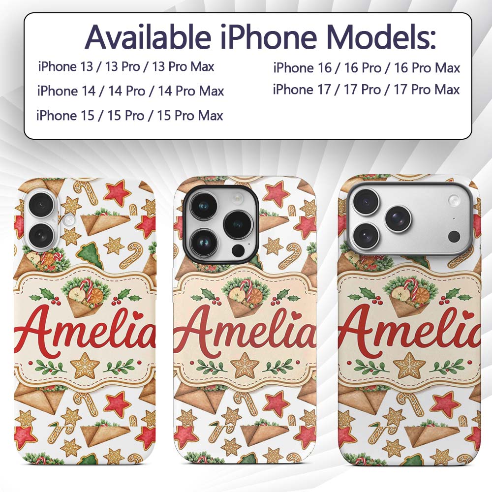 Watercolor Christmas Cookies Candy Cane Envelope Custom Name Protective Phone Case Mobile Cover Durable Everyday Smartphone Shock Resistant