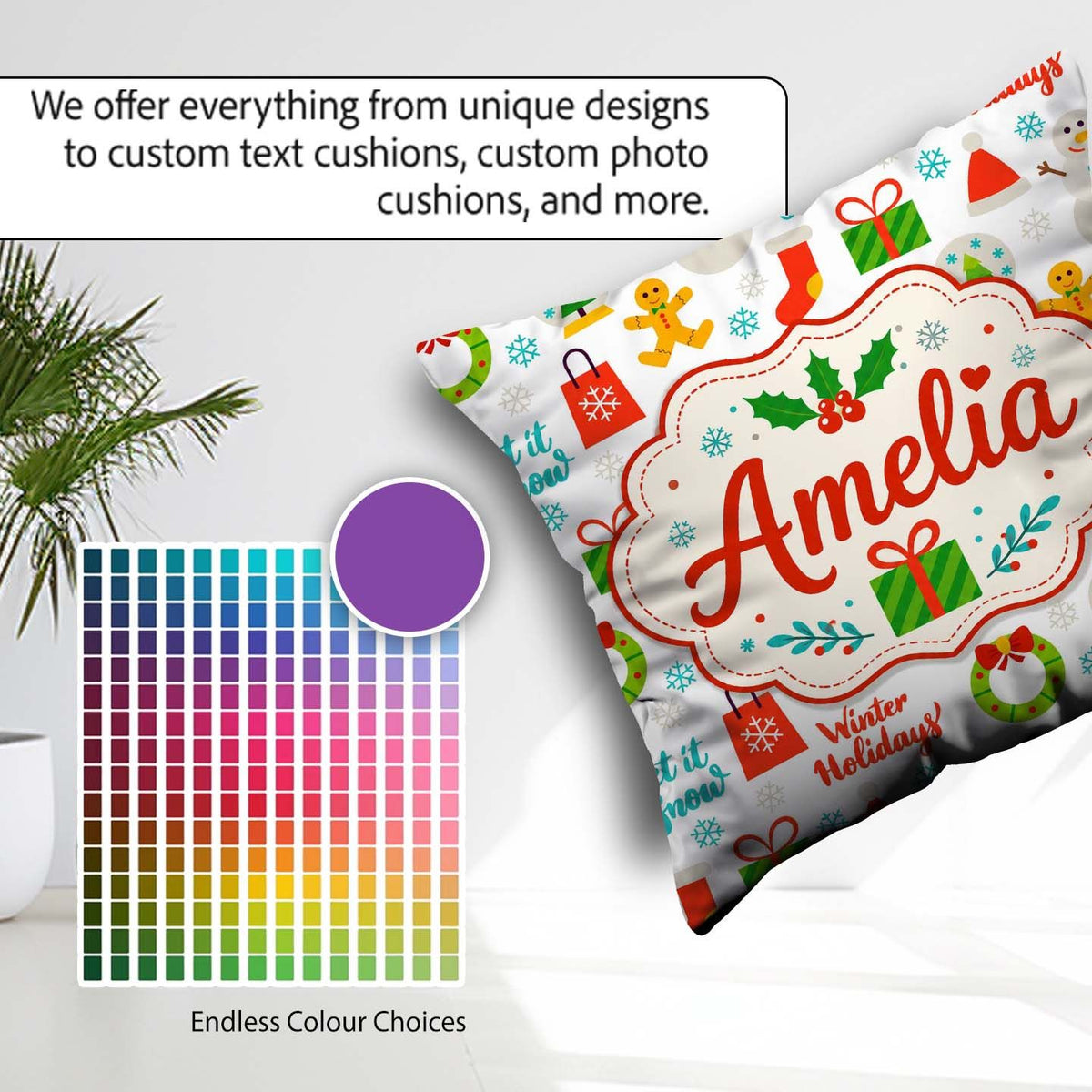 Custom Name Winter Holidays Snowman Gift Bag Gingerbread Pattern Square Filled Cushion Throw Pillow Sofa Bed Home Decor Zip Washable UK Made