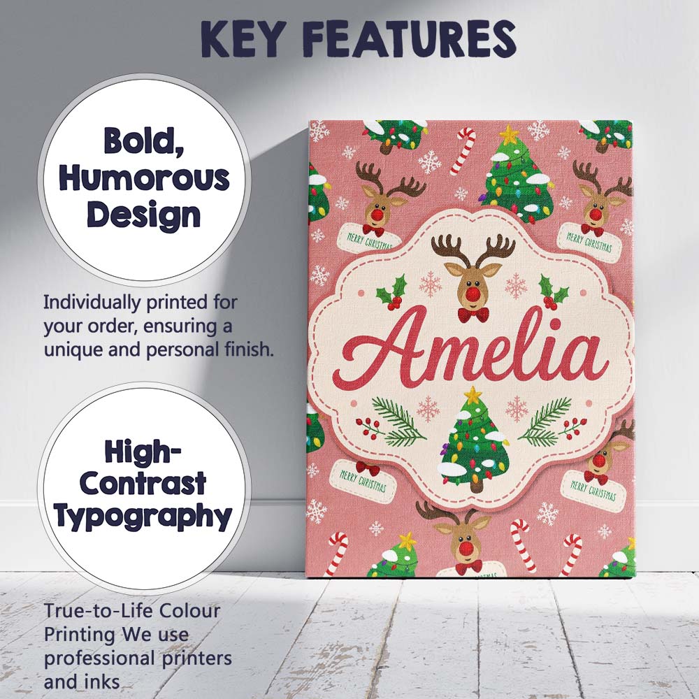 Personalised Name Cute Reindeer Christmas Custom Unique Gift Idea Elegant Feature Canvas Wall Art Print Decor Picture Ready to Hang