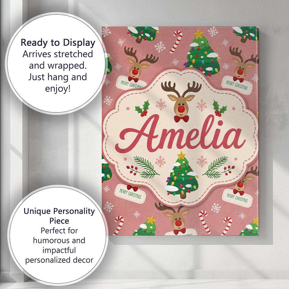 Personalised Name Cute Reindeer Christmas Custom Unique Gift Idea Elegant Feature Canvas Wall Art Print Decor Picture Ready to Hang