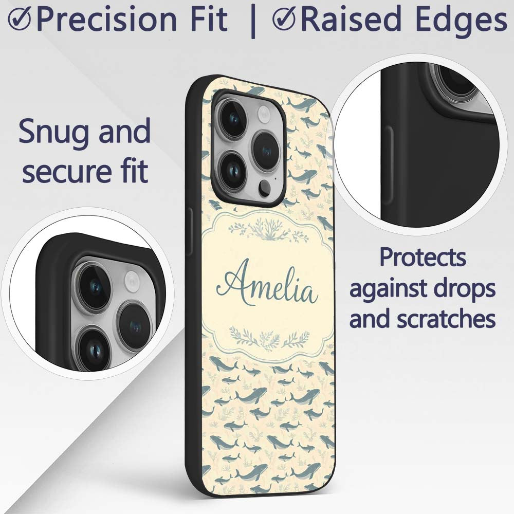 Nautical Whale Ship Seamless Pattern Vintage Custom Name Protective Phone Case Mobile Cover Durable Everyday Smartphone Shock Resistant