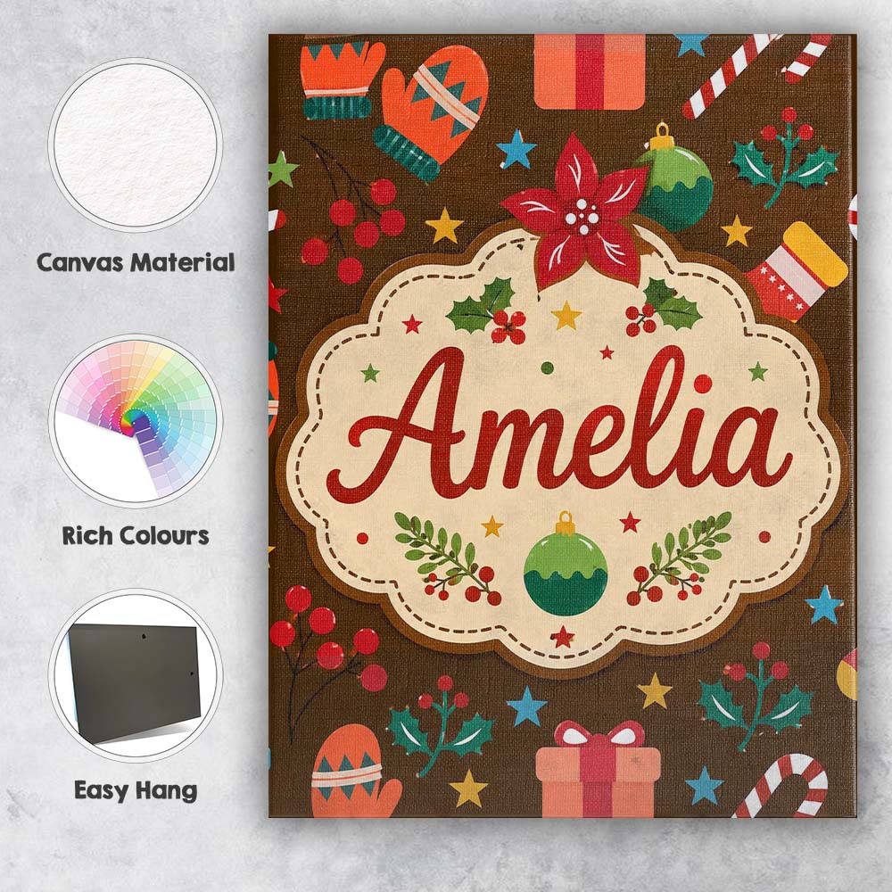 Personalised Name Christmas Ornament Holly Custom Unique Gift Idea Elegant Feature Canvas Wall Art Print Decor Picture Ready to Hang