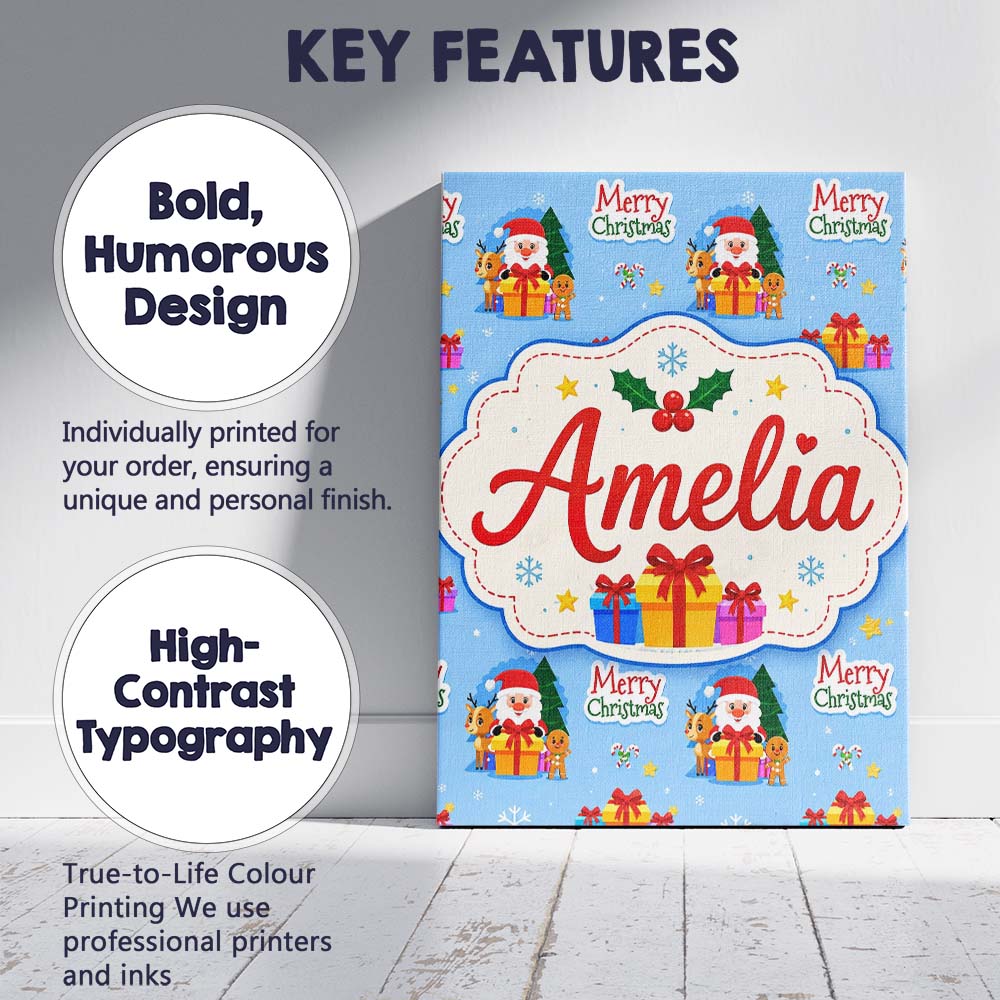 Personalised Name Cute Santa Reindeer Custom Modern Room Accent Creative Decorator Style Canvas Wall Art Print Decor Picture Ready to Hang
