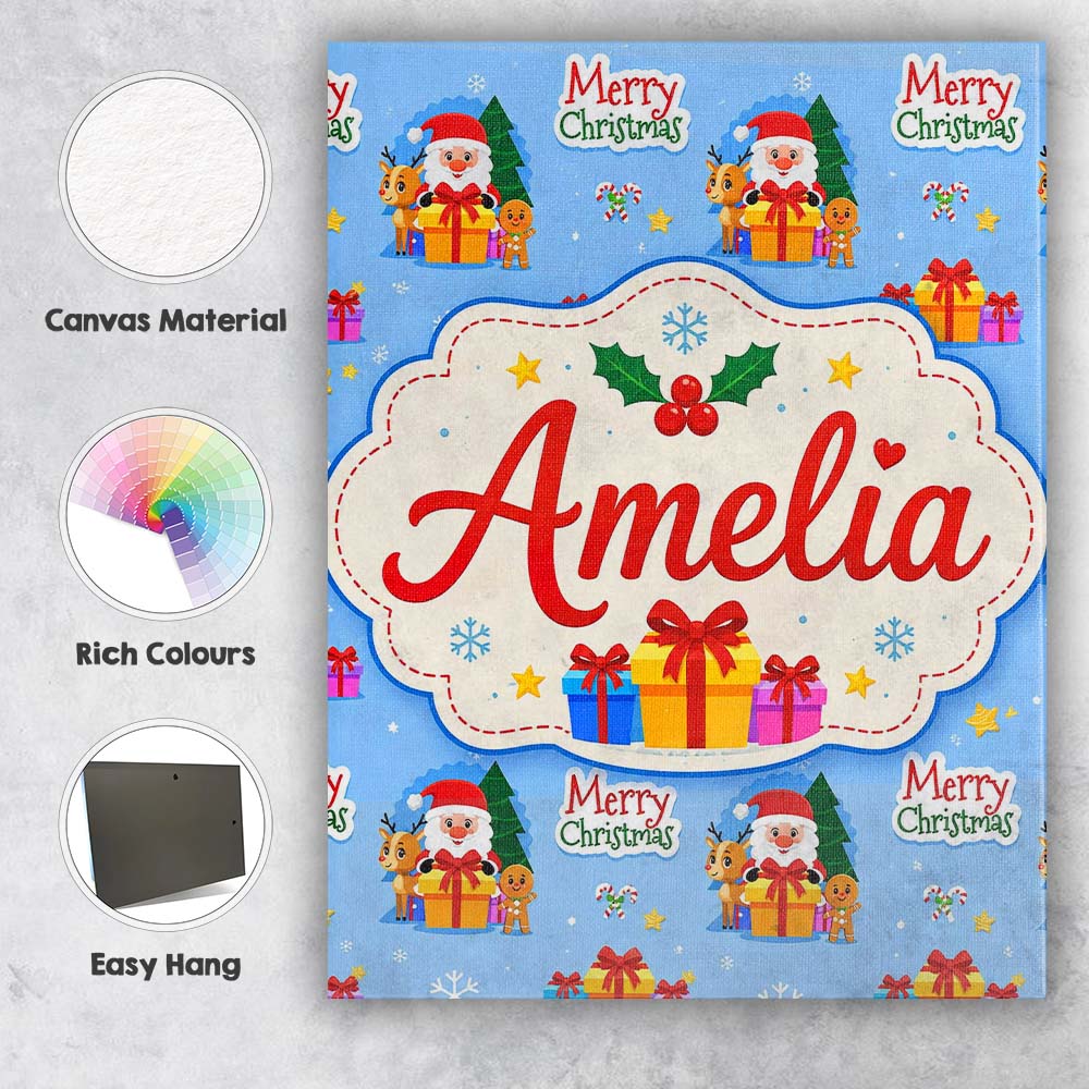 Personalised Name Cute Santa Reindeer Custom Modern Room Accent Creative Decorator Style Canvas Wall Art Print Decor Picture Ready to Hang