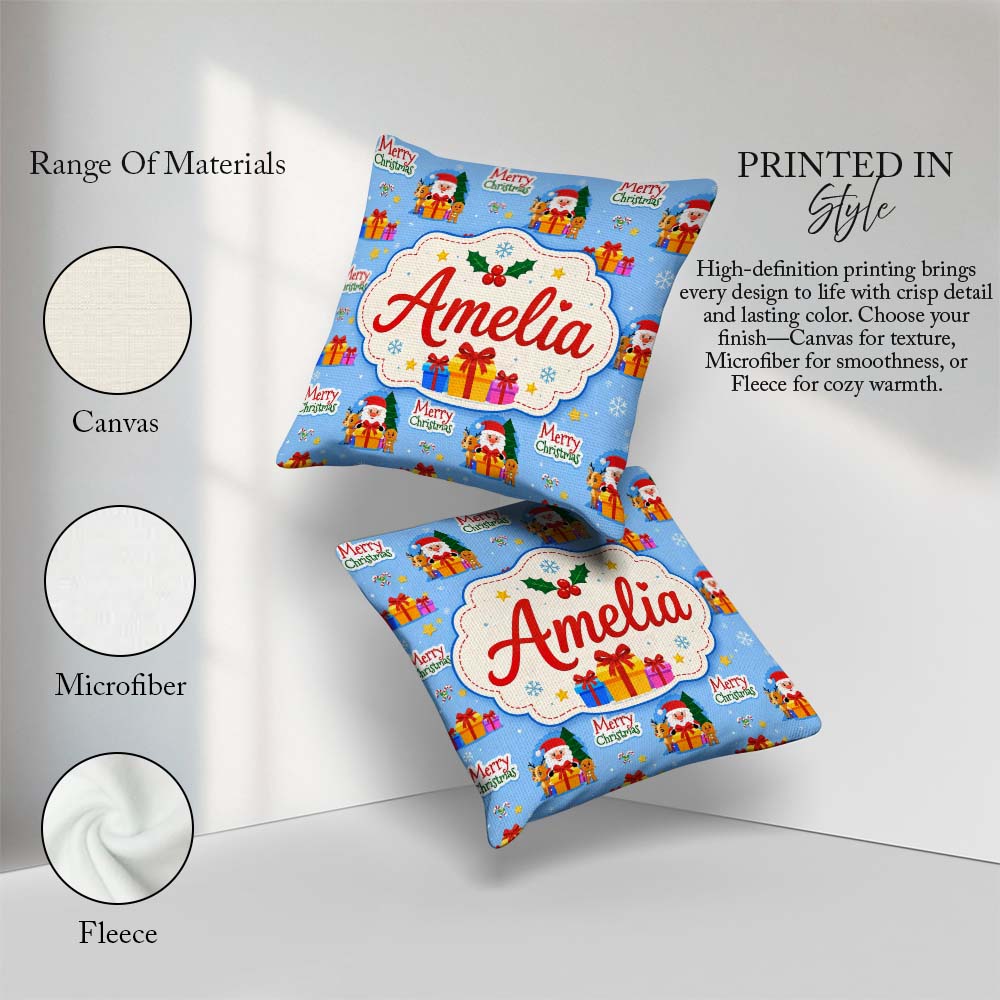 Custom Name Cute Santa Reindeer Merry Christmas Seamless Pattern Square Filled Cushion Throw Pillow Sofa Bed Home Decor Zip Washable UK Made
