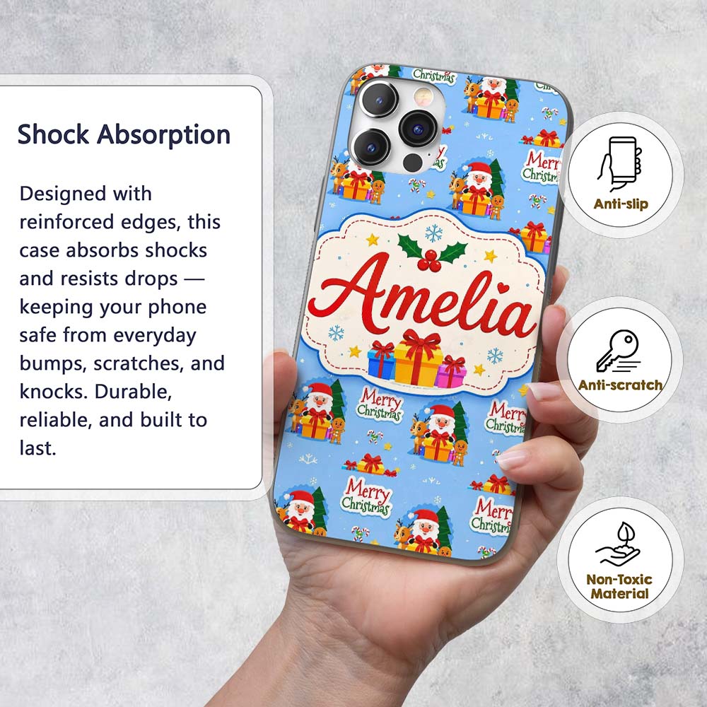 Cute Santa Reindeer Gingerbread Merry Christmas Custom Name Protective Phone Case Mobile Cover Durable Everyday Smartphone Shock Resistant