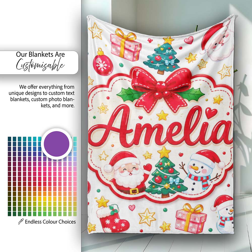 Cute Christmas Tree Snowman Gift Box Ornament Seamless Pattern Personalised Custom Name Super Soft Fleece Blanket Bed Sofa Throw