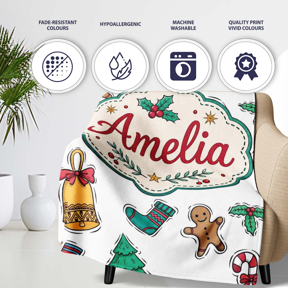 Cute Gingerbread Cookie Ornament Tree Bell Seamless Pattern Lovely Personalised Custom Name Super Soft Fleece Blanket Bed Sofa Throw