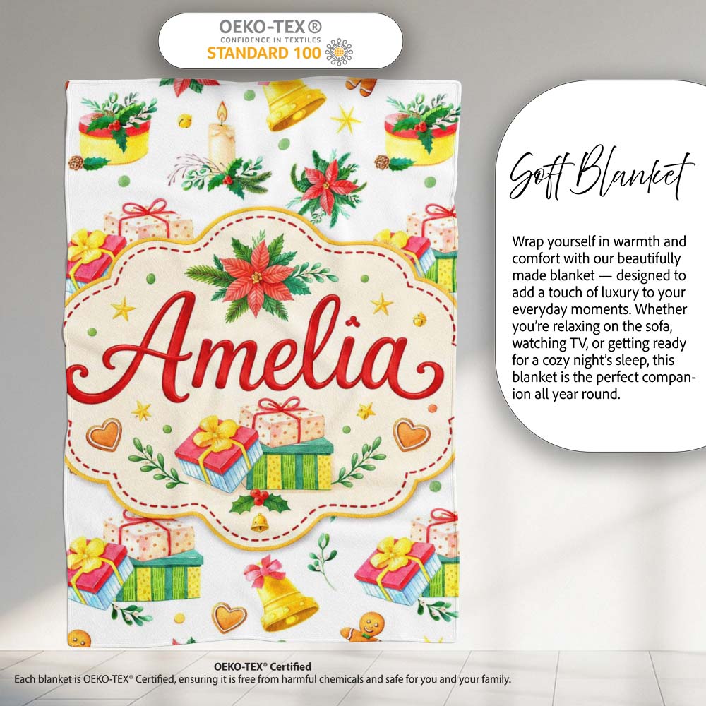 Watercolor Christmas Gift Candle Poinsettia Bell Seamless Pattern Personalised Custom Name Super Soft Fleece Blanket Bed Sofa Throw