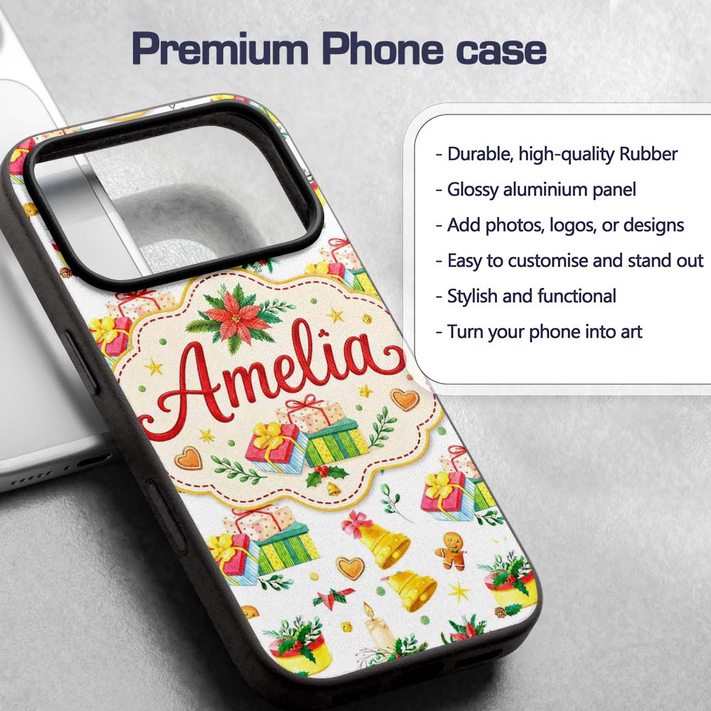 Watercolor Christmas Gift Candle Poinsettia Bell Custom Name Protective Phone Case Mobile Cover Durable Everyday Smartphone Shock Resistant