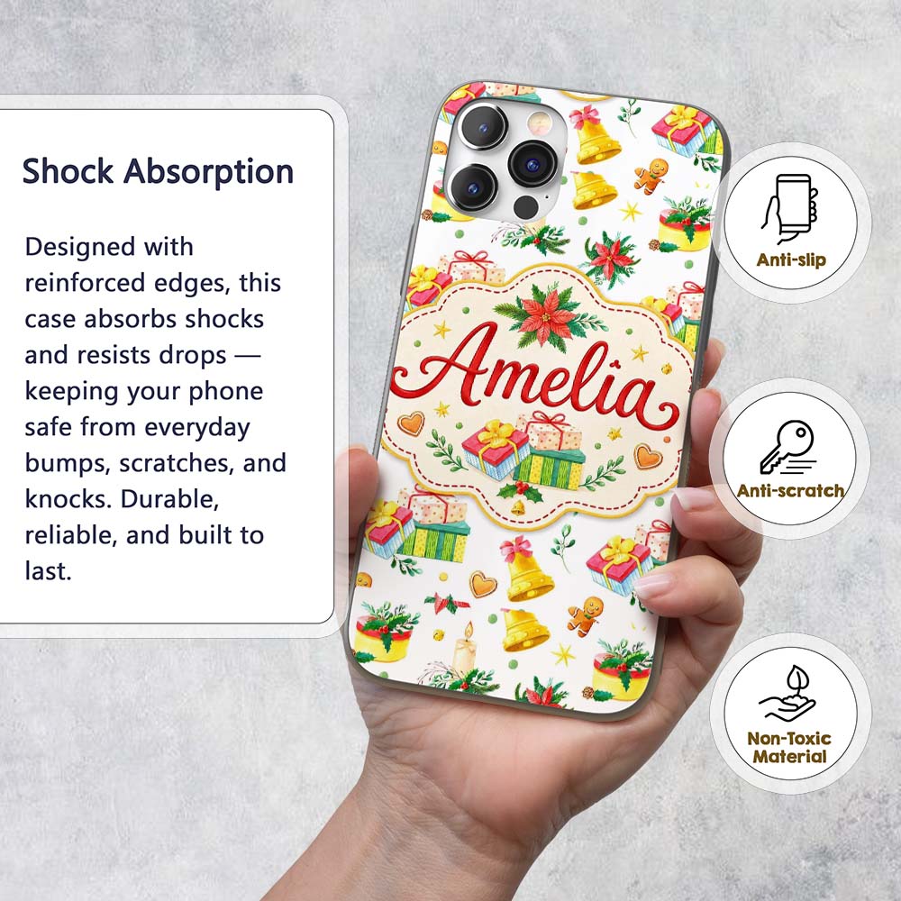 Watercolor Christmas Gift Candle Poinsettia Bell Custom Name Protective Phone Case Mobile Cover Durable Everyday Smartphone Shock Resistant