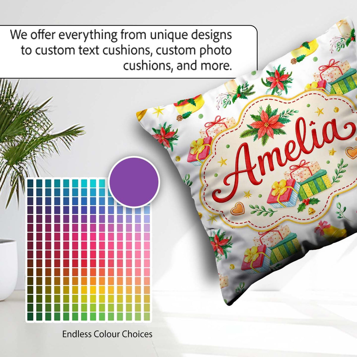 Custom Name Watercolor Christmas Candle Poinsettia Bell Seamless Square Filled Cushion Throw Pillow Sofa Bed Home Decor Zip Washable UK Made