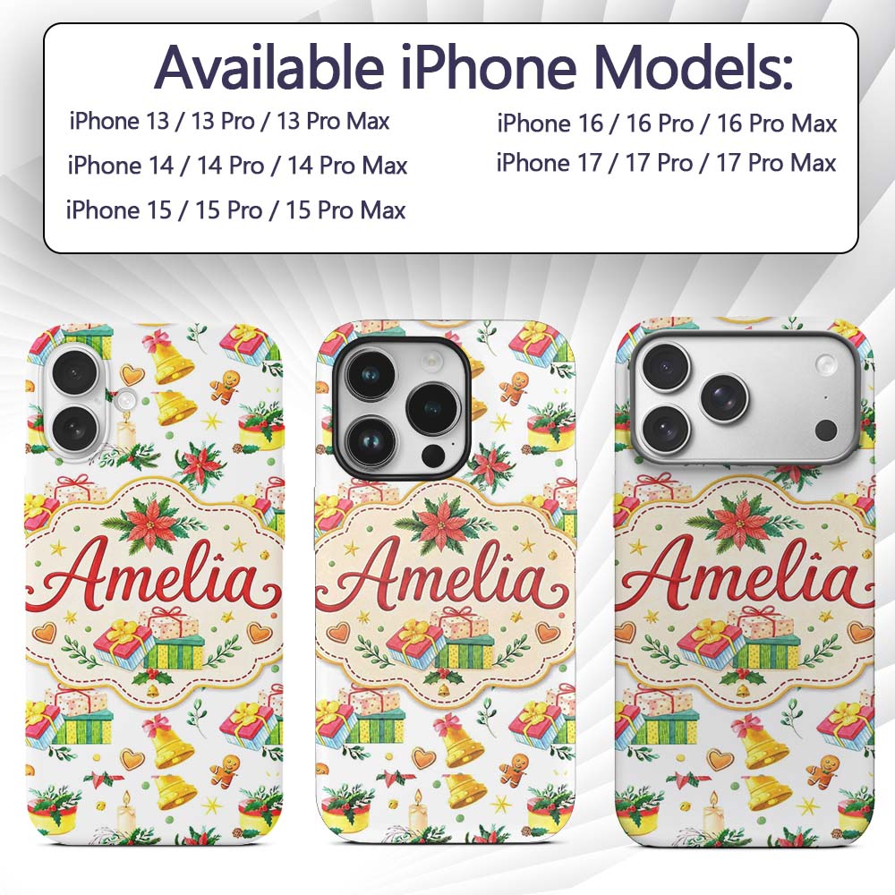 Watercolor Christmas Gift Candle Poinsettia Bell Custom Name Protective Phone Case Mobile Cover Durable Everyday Smartphone Shock Resistant