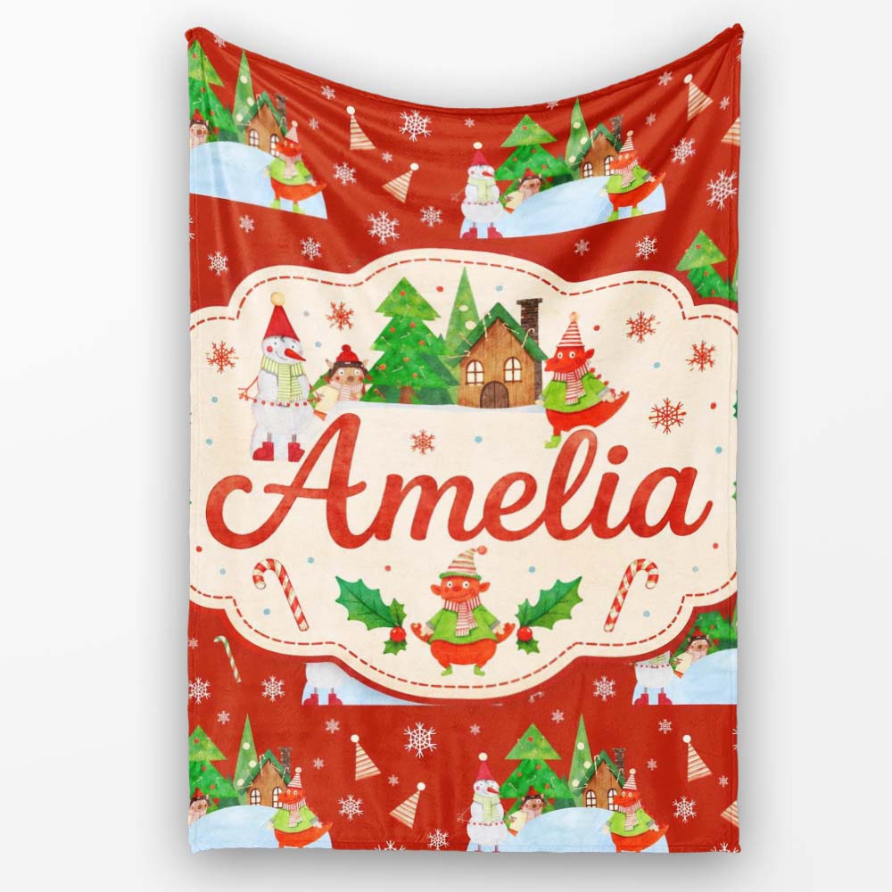 Cute Snowman Winter Village Candy Cane Seamless Pattern Lovely Personalised Custom Name Super Soft Fleece Blanket Bed Sofa Throw