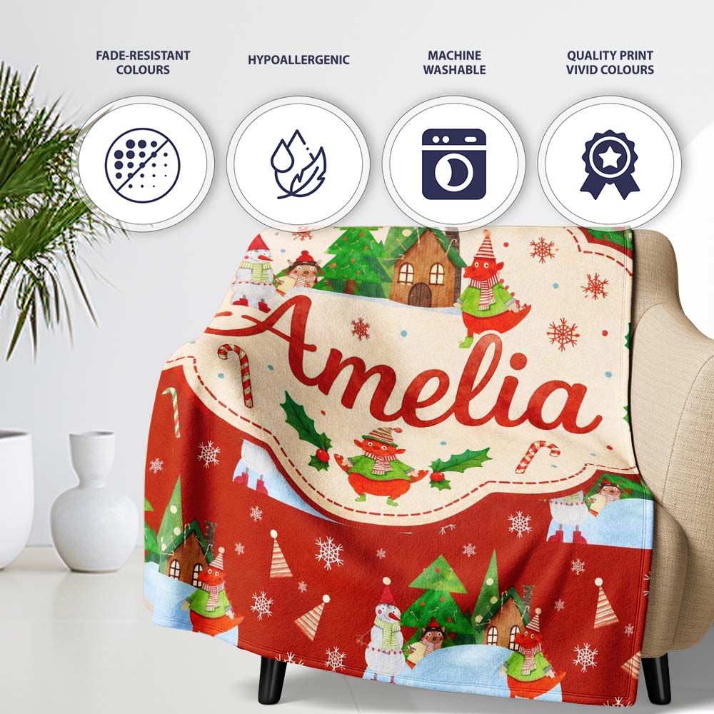 Cute Snowman Winter Village Candy Cane Seamless Pattern Lovely Personalised Custom Name Super Soft Fleece Blanket Bed Sofa Throw