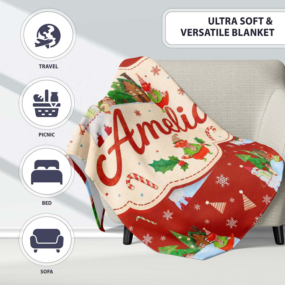 Cute Snowman Winter Village Candy Cane Seamless Pattern Lovely Personalised Custom Name Super Soft Fleece Blanket Bed Sofa Throw
