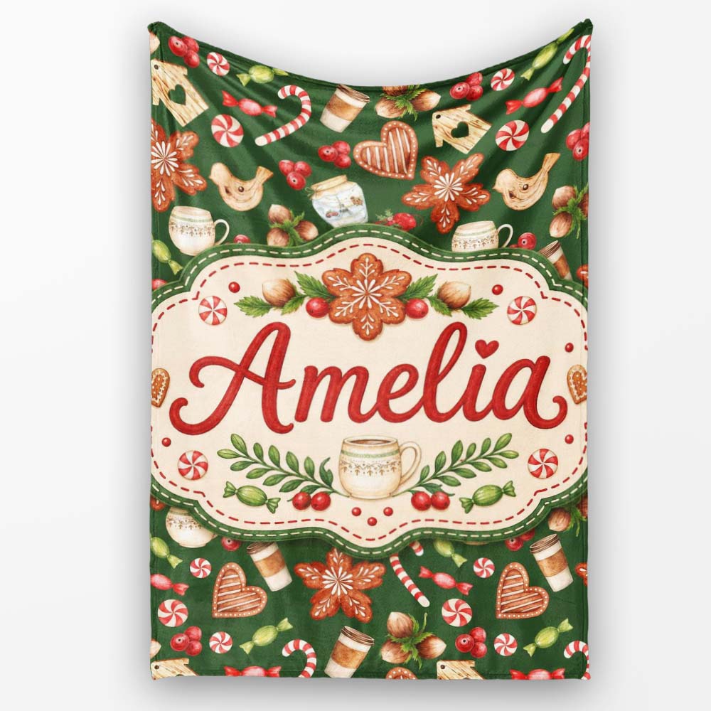 Watercolor Christmas Coffee Cookie Candy Cane Seamless Pattern Personalised Custom Name Super Soft Fleece Blanket Bed Sofa Throw