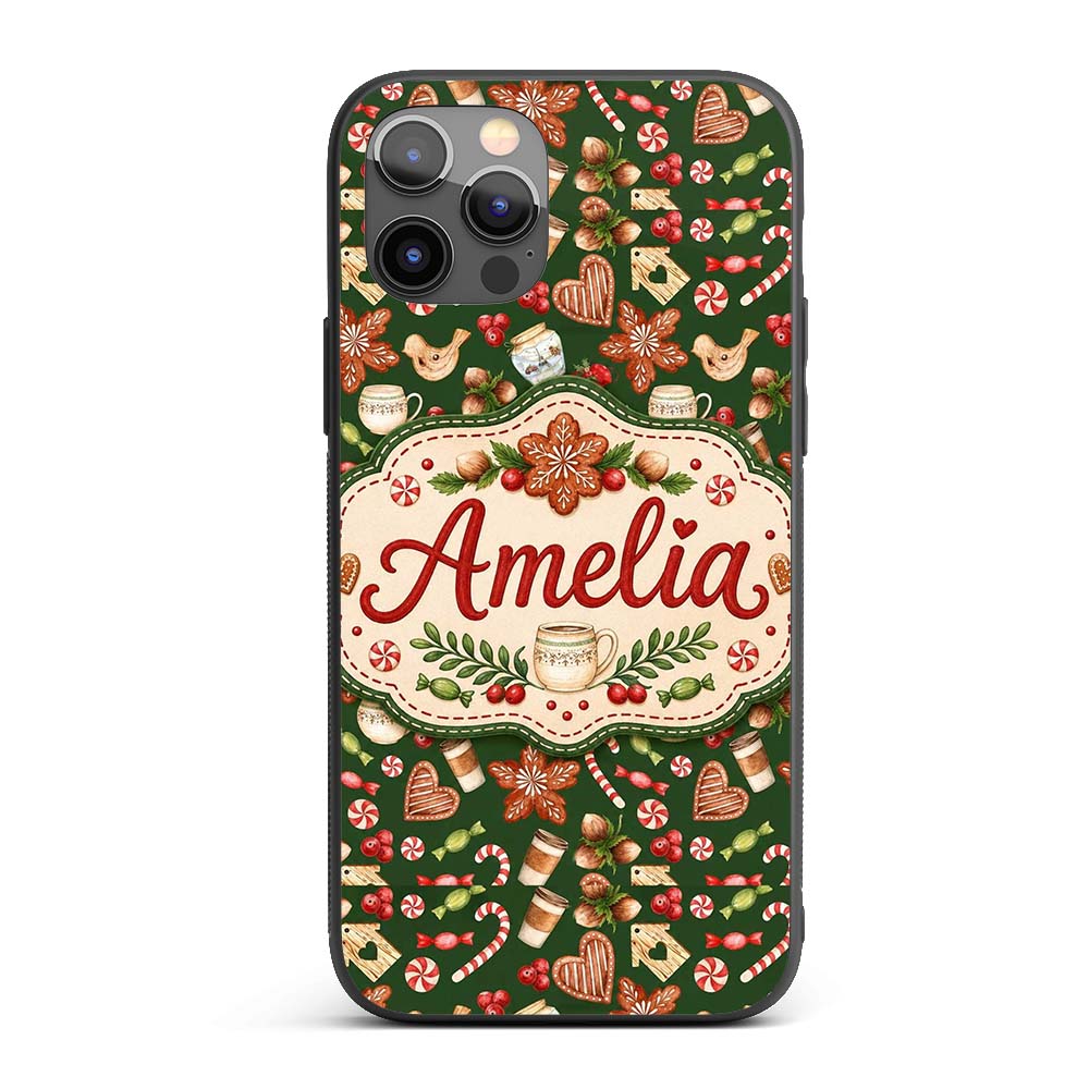 Watercolor Christmas Coffee Cookie Candy Cane Custom Name Protective Phone Case Mobile Cover Durable Everyday Smartphone Shock Resistant