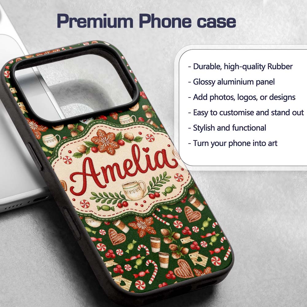 Watercolor Christmas Coffee Cookie Candy Cane Custom Name Protective Phone Case Mobile Cover Durable Everyday Smartphone Shock Resistant