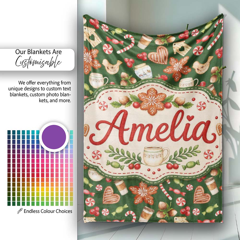 Watercolor Christmas Coffee Cookie Candy Cane Seamless Pattern Personalised Custom Name Super Soft Fleece Blanket Bed Sofa Throw