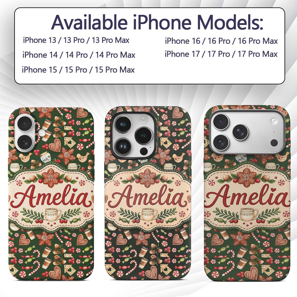 Watercolor Christmas Coffee Cookie Candy Cane Custom Name Protective Phone Case Mobile Cover Durable Everyday Smartphone Shock Resistant