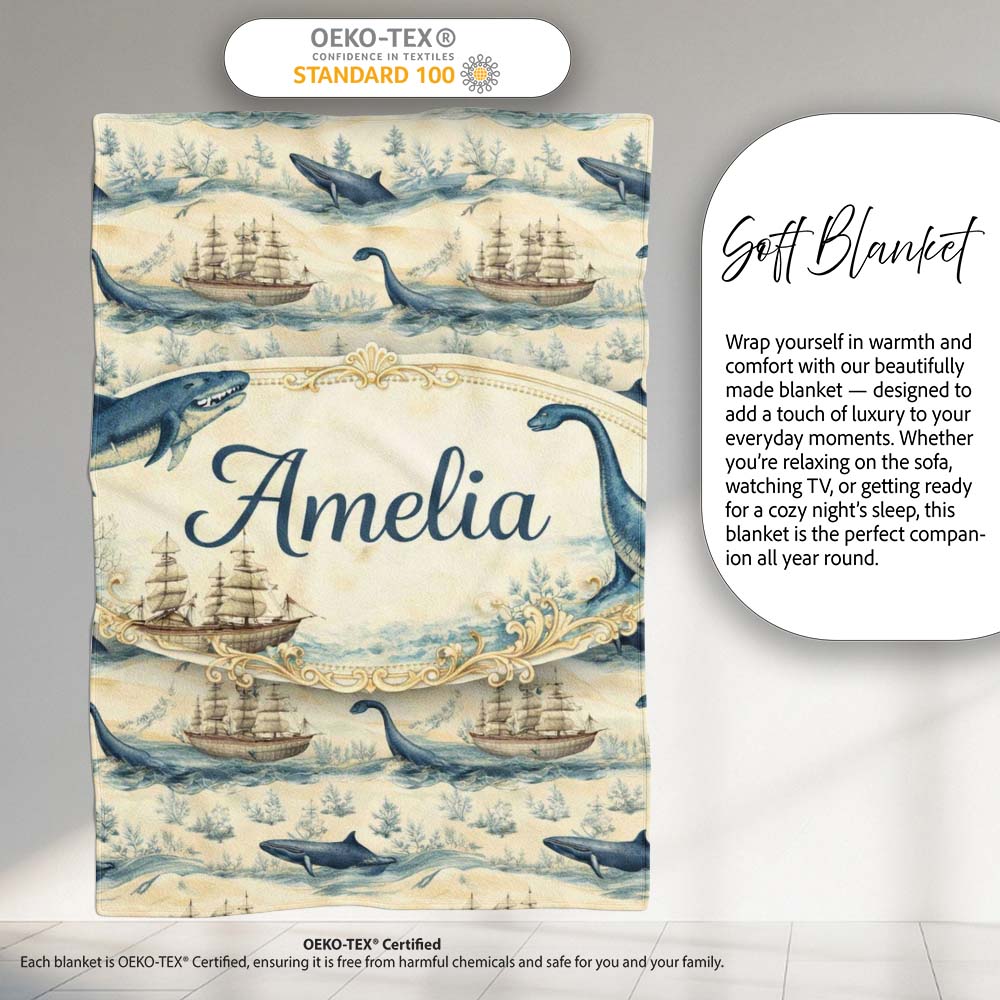 Watercolour Whale Seamless Pattern Soft Ocean Marine Animal Design Personalised Custom Name Super Soft Fleece Blanket Bed Sofa Throw
