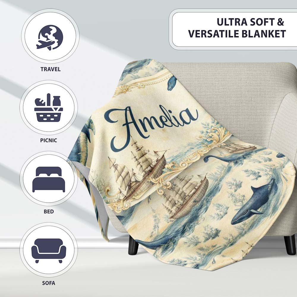 Watercolour Whale Seamless Pattern Soft Ocean Marine Animal Design Personalised Custom Name Super Soft Fleece Blanket Bed Sofa Throw