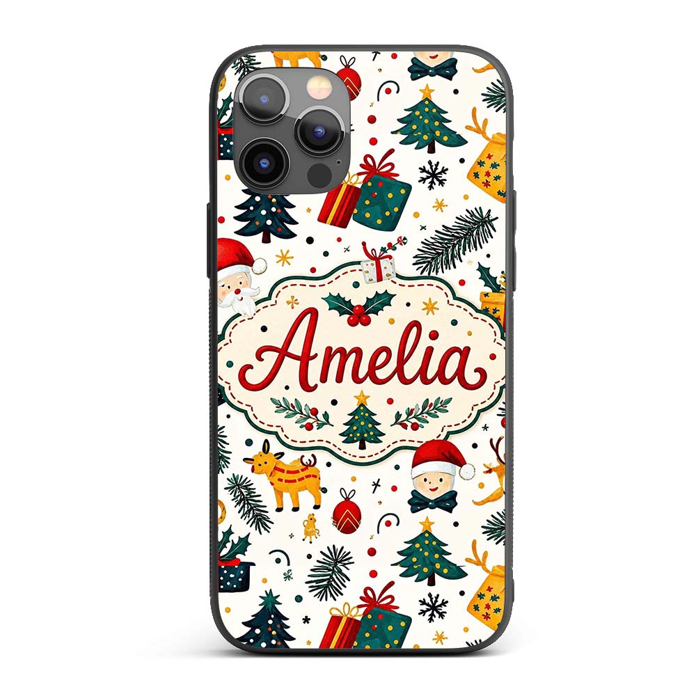 Cute Santa Reindeer Gift Box Pine Branch Seamless Custom Name Protective Phone Case Mobile Cover Durable Everyday Smartphone Shock Resistant