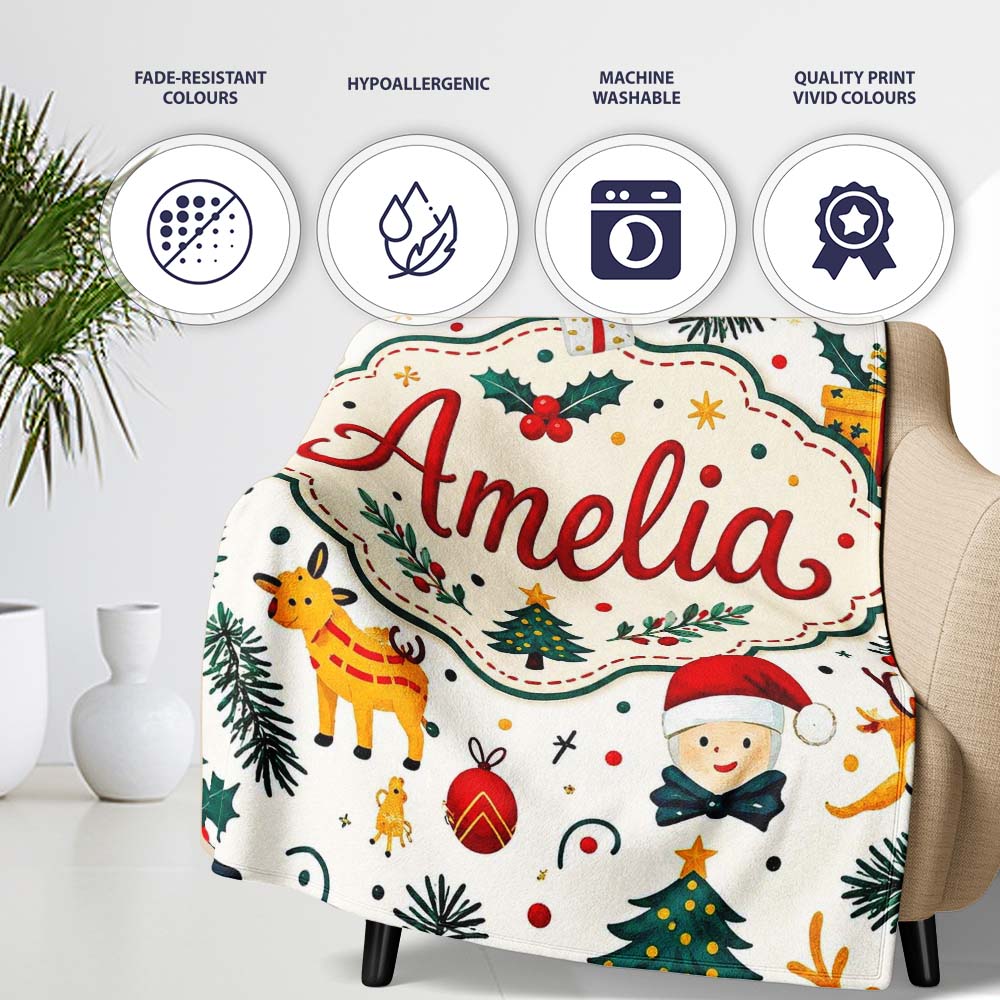 Cute Santa Reindeer Gift Box Pine Branch Seamless Pattern Lovely Personalised Custom Name Super Soft Fleece Blanket Bed Sofa Throw
