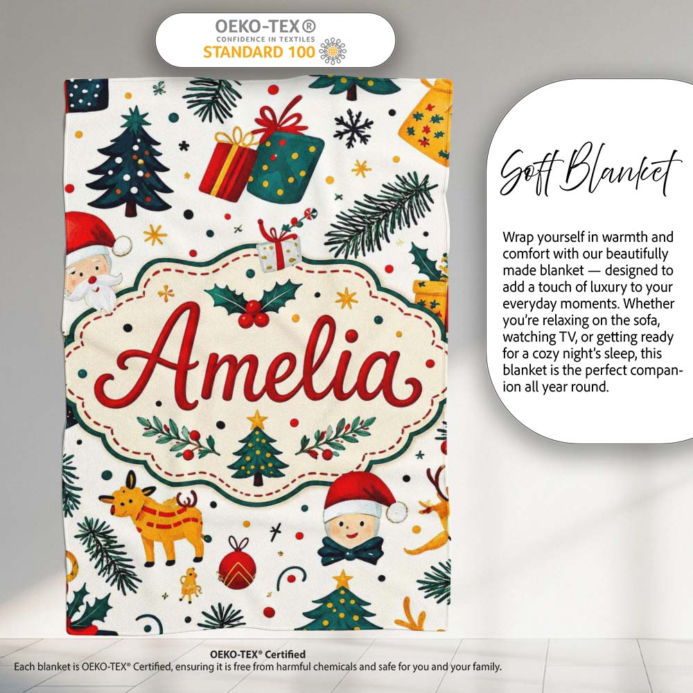 Cute Santa Reindeer Gift Box Pine Branch Seamless Pattern Lovely Personalised Custom Name Super Soft Fleece Blanket Bed Sofa Throw