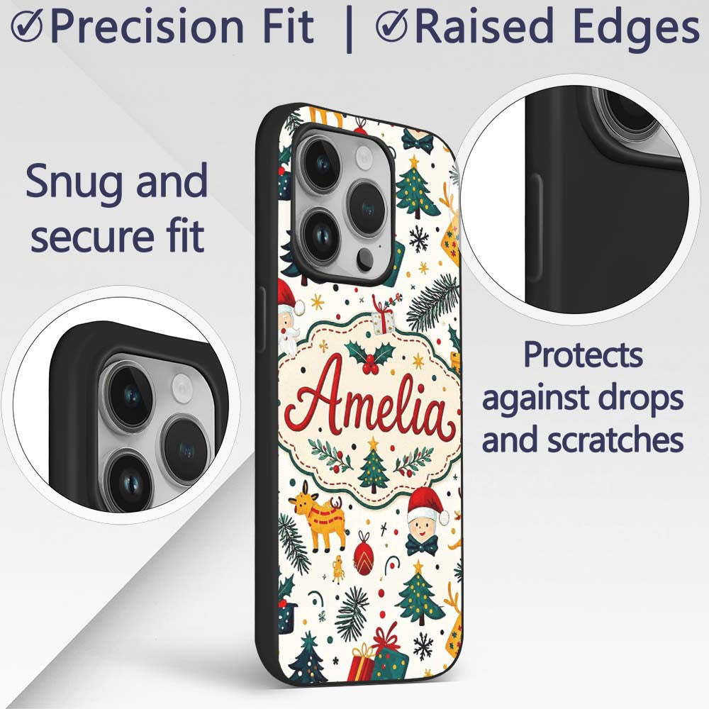 Cute Santa Reindeer Gift Box Pine Branch Seamless Custom Name Protective Phone Case Mobile Cover Durable Everyday Smartphone Shock Resistant