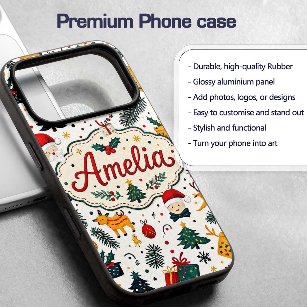 Cute Santa Reindeer Gift Box Pine Branch Seamless Custom Name Protective Phone Case Mobile Cover Durable Everyday Smartphone Shock Resistant
