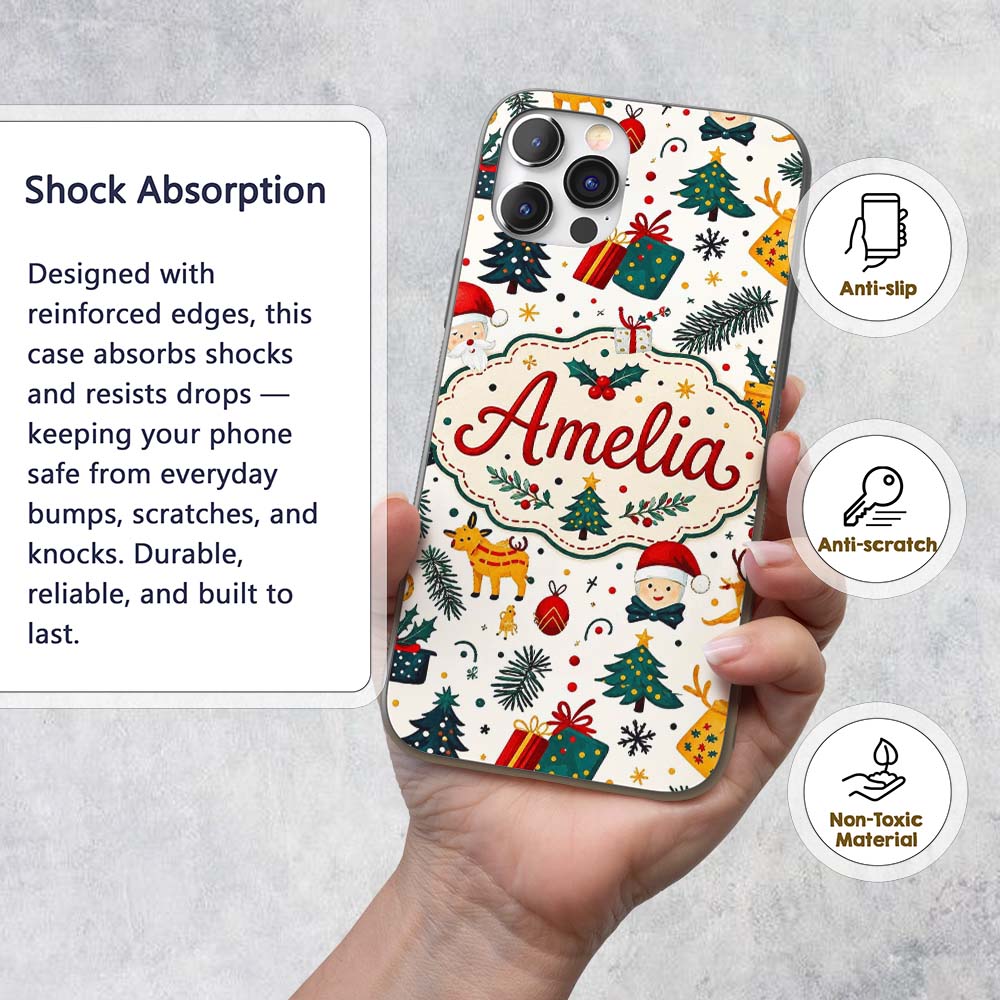 Cute Santa Reindeer Gift Box Pine Branch Seamless Custom Name Protective Phone Case Mobile Cover Durable Everyday Smartphone Shock Resistant