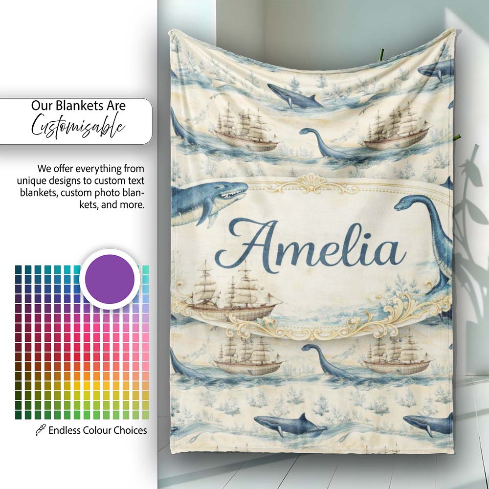Watercolour Whale Seamless Pattern Soft Ocean Marine Animal Design Personalised Custom Name Super Soft Fleece Blanket Bed Sofa Throw