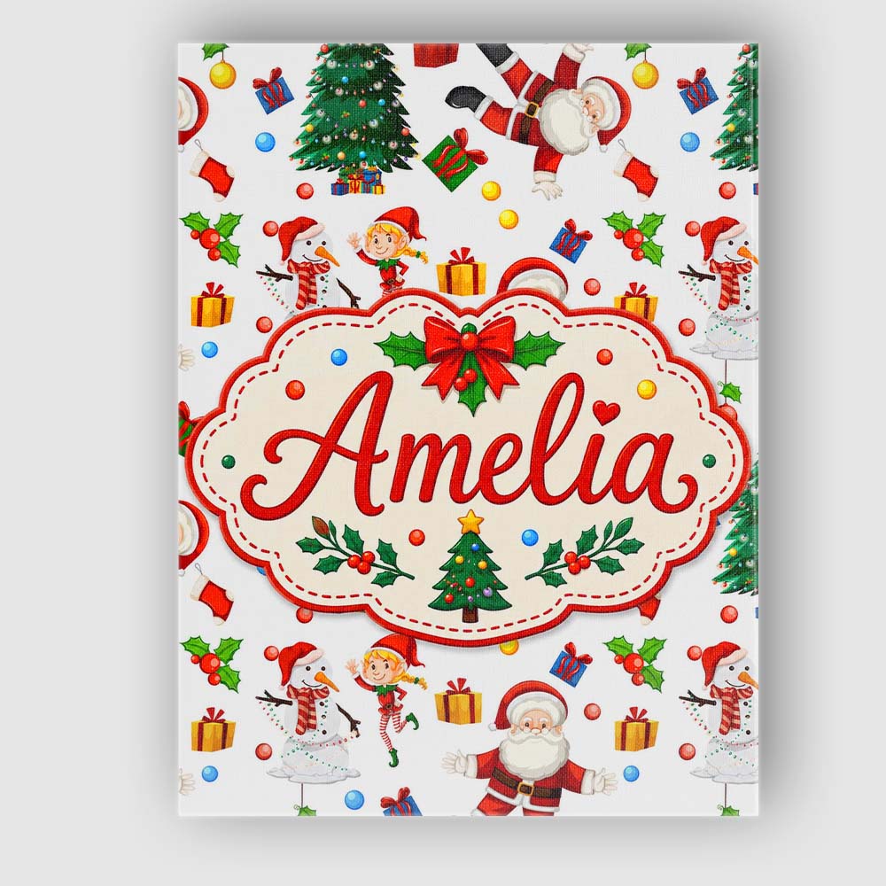 Personalised Name Cute Santa Snowman Elf Custom Unique Gift Idea Elegant Feature Canvas Wall Art Print Decor Picture Ready to Hang