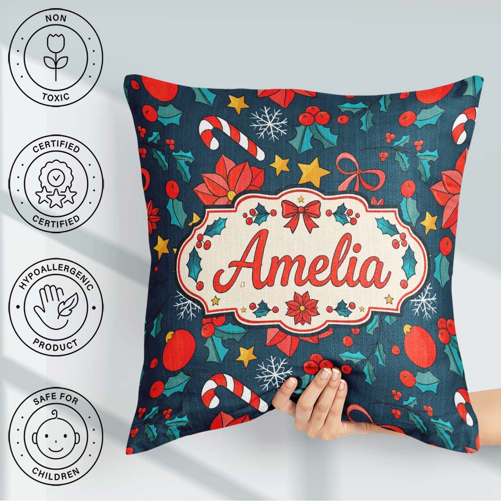 Custom Name Festive Poinsettia Candy Cane Holly Seamless Pattern Square Filled Cushion Throw Pillow Sofa Bed Home Decor Zip Washable UK Made
