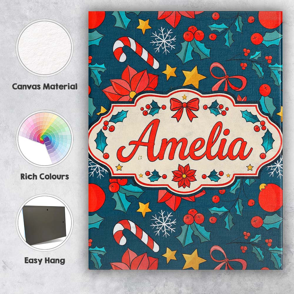 Personalised Name Festive Poinsettia Candy Custom Unique Gift Idea Elegant Feature Canvas Wall Art Print Decor Picture Ready to Hang