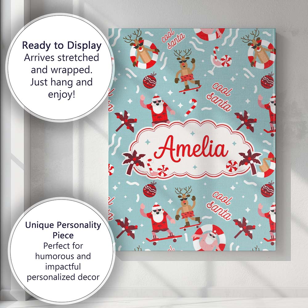 Personalised Name Cool Santa Reindeer Custom Modern Room Accent Creative Decorator Style Canvas Wall Art Print Decor Picture Ready to Hang