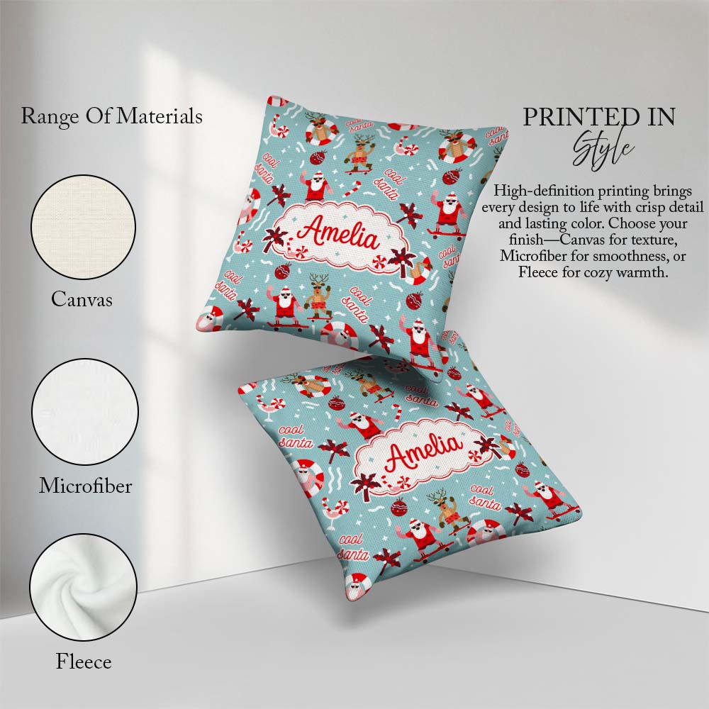 Custom Name Santa Reindeer Skateboard Christmas Seamless Pattern Square Filled Cushion Throw Pillow Sofa Bed Home Decor Zip Washable UK Made